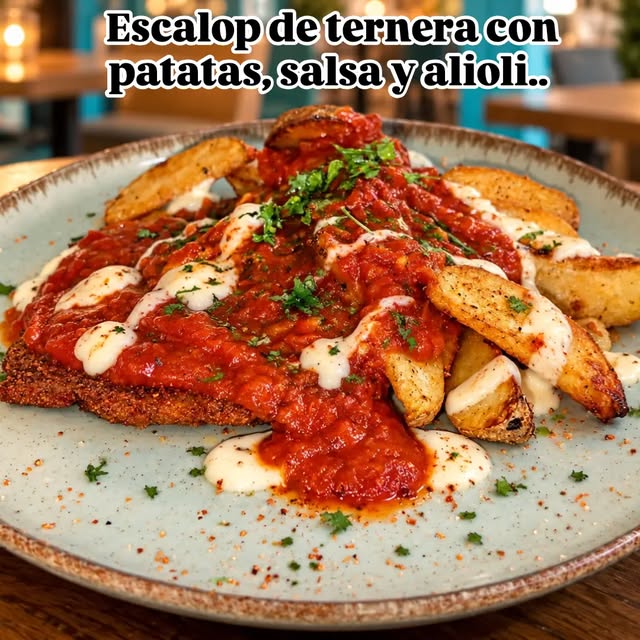 Escalope de ternera con patatas, salsa y alioli